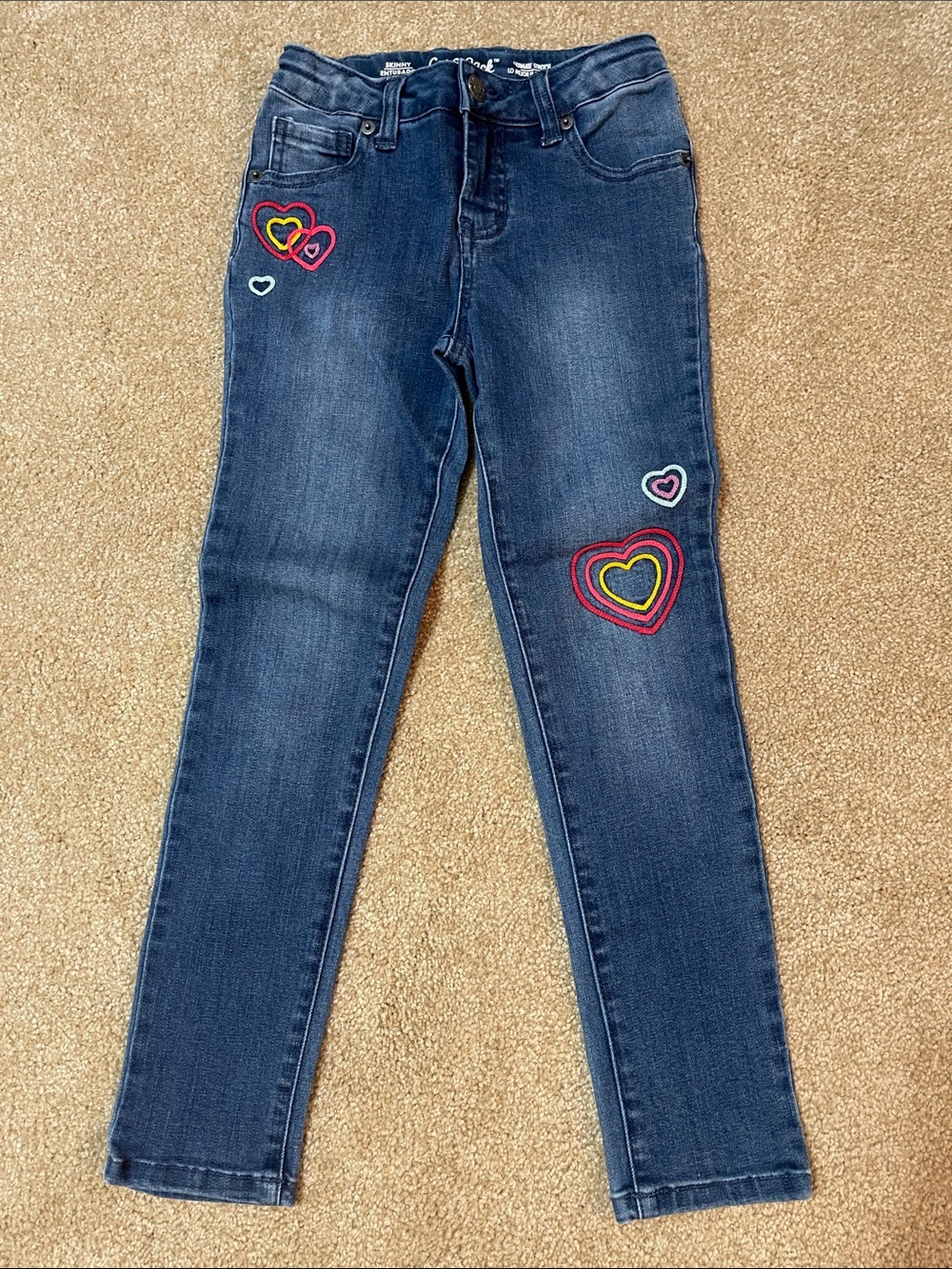 Cat & Jack Dark Blue Girls Jeans with Multicolor Heart Patches